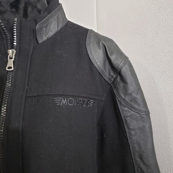 Black Burks Bomber Jacket Bay Men's Leather and Wool Sleeve and Sz Large - Picture 4 of 12